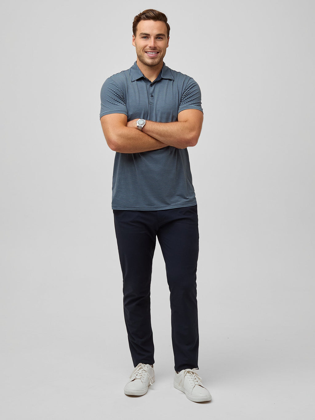 Navy + Wedgewood Striped Performance Cool Polo
