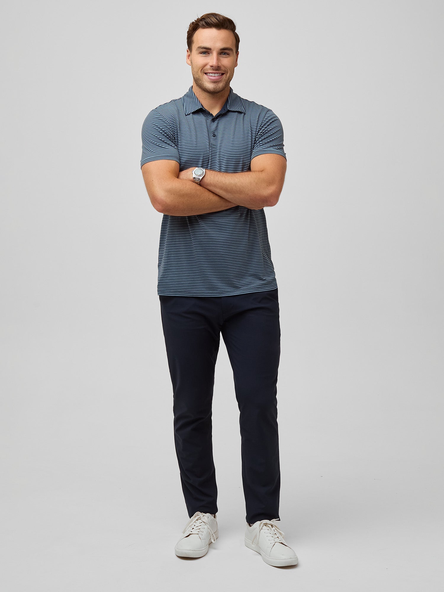 Navy + Wedgewood Striped Performance Cool Polo